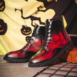 Men Leather Halloween Printing Soft Sole Round Toe Comfy Colorful Casual Martin Boots