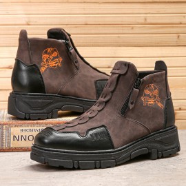 Men Leather Breathable Soft Sole Halloween Skull Pattern Zipper Casual Martin Ankle Boots