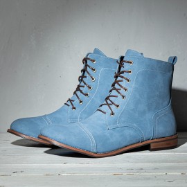 Men Leather Breathable Soft Sole Non Slip Lace Up Square Heel Casual Martin Boots