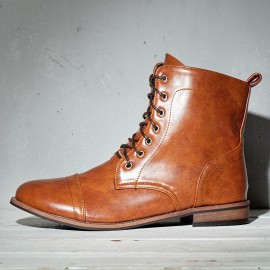 Men Leather Breathable Soft Sole Non Slip Lace Up Square Heel Casual Martin Boots