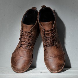 Men Leather Breathable Soft Sole Non Slip Lace Up Square Heel Casual Martin Boots