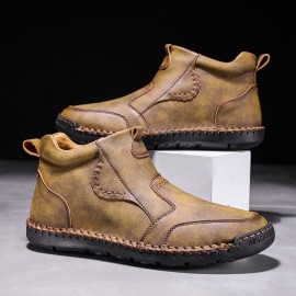 Men Hand Stitching Microfiber Leather Comfy Non Slip Side Zipper Ankle Boots
