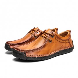 Men Cowhide Leather Hand Stitching Non Slip Soft Sole Business Casual Shoes