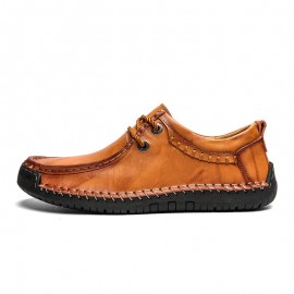 Men Cowhide Leather Hand Stitching Non Slip Soft Sole Business Casual Shoes