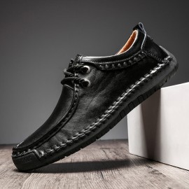 Men Cowhide Leather Hand Stitching Non Slip Soft Sole Business Casual Shoes