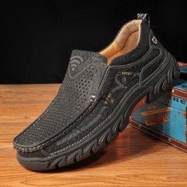 Men Cowhide Hollow Non Slip Outdoor Business Casual Slip On Leather Shoes