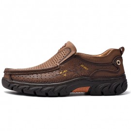 Men Cowhide Hollow Non Slip Outdoor Business Casual Slip On Leather Shoes