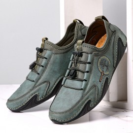 Men Microfiber Leather Breathable Hand Stitching Soft Sole Brief Elastic Laces Casual Driving Shoes