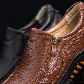 Men Cowhide Breathable Soft Sole Slip On Comfy England Style Zipper Casual Shoes